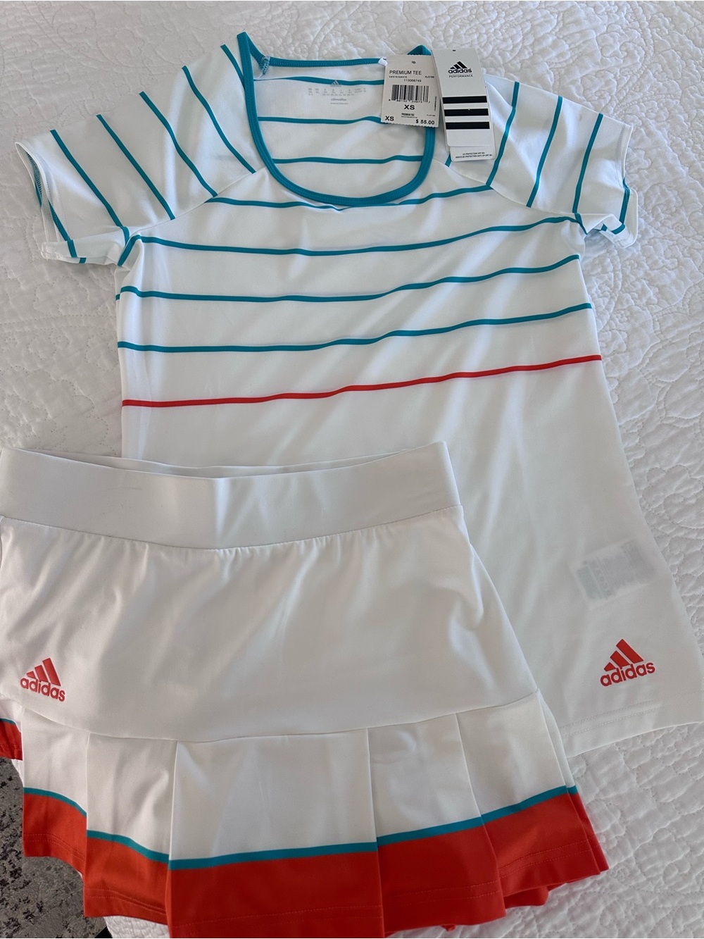 Adidas Woman’s Striped Tennis Top and skirt - White with Teal & orange 🍊 XS NWT